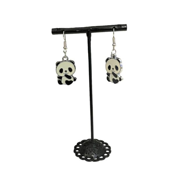 Panda Dangle Drop Earrings Black White Hook Closure - Picture 1 of 5